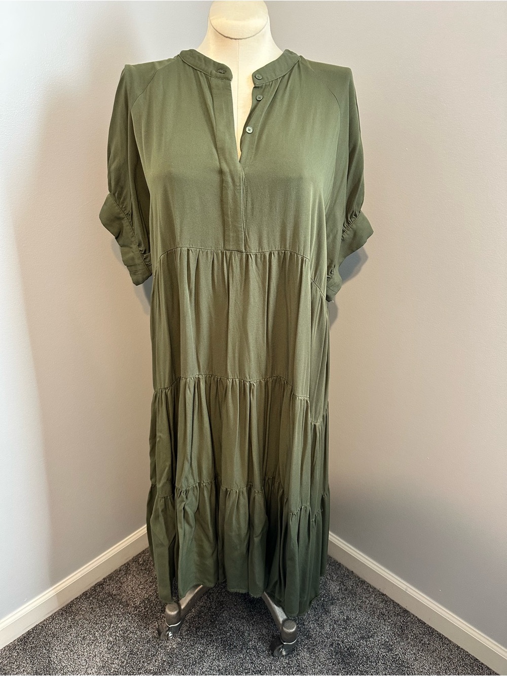 Flowy Olive Green Tiered Maxi Dress